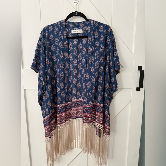 ABERCROMBIE & FITCH Rare Blue Katina Kimono Fringe Robe Top Womens One Size - Picture 1 of 8
